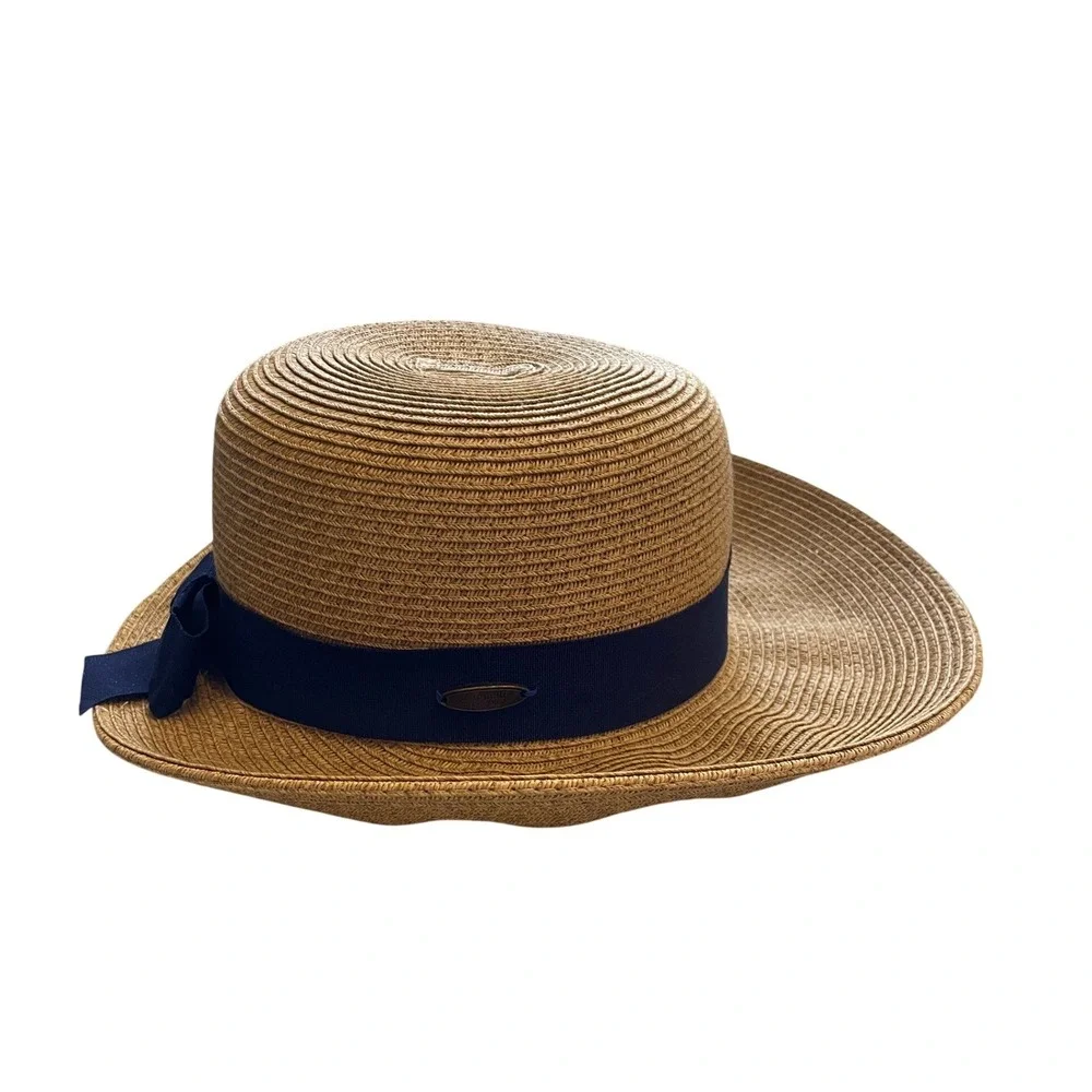 Cappelli Straworld Tan Straw Wide Brim Sun Hat Navy Blue Ribbon Bow One Size